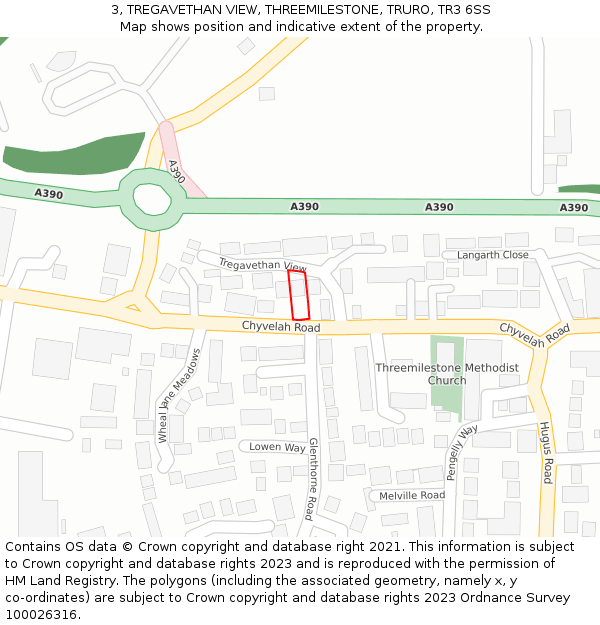 3, TREGAVETHAN VIEW, THREEMILESTONE, TRURO, TR3 6SS: Location map and indicative extent of plot