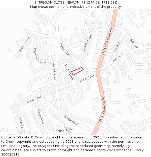 3, TREGLYN CLOSE, NEWLYN, PENZANCE, TR18 5EZ: Location map and indicative extent of plot