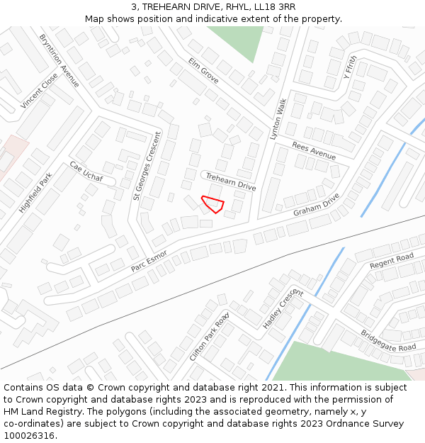 3, TREHEARN DRIVE, RHYL, LL18 3RR: Location map and indicative extent of plot