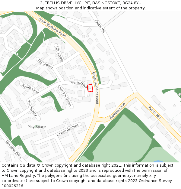 3, TRELLIS DRIVE, LYCHPIT, BASINGSTOKE, RG24 8YU: Location map and indicative extent of plot