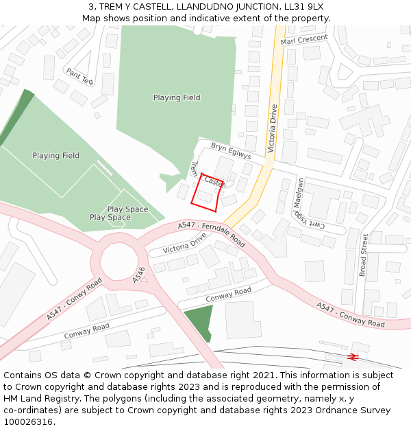 3, TREM Y CASTELL, LLANDUDNO JUNCTION, LL31 9LX: Location map and indicative extent of plot