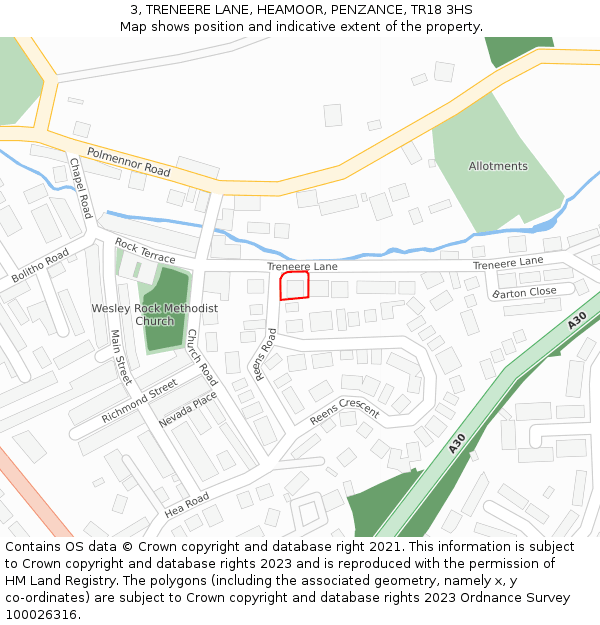 3, TRENEERE LANE, HEAMOOR, PENZANCE, TR18 3HS: Location map and indicative extent of plot