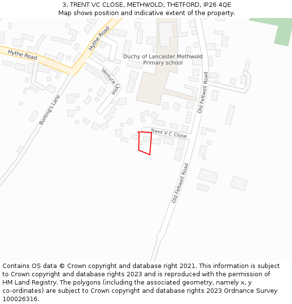 3, TRENT VC CLOSE, METHWOLD, THETFORD, IP26 4QE: Location map and indicative extent of plot