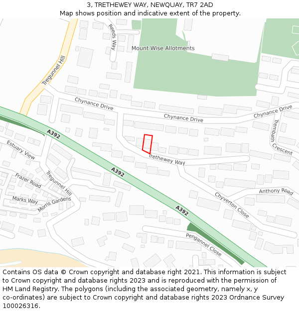 3, TRETHEWEY WAY, NEWQUAY, TR7 2AD: Location map and indicative extent of plot