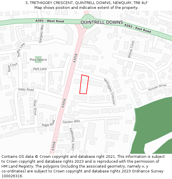 3, TRETHIGGEY CRESCENT, QUINTRELL DOWNS, NEWQUAY, TR8 4LF: Location map and indicative extent of plot