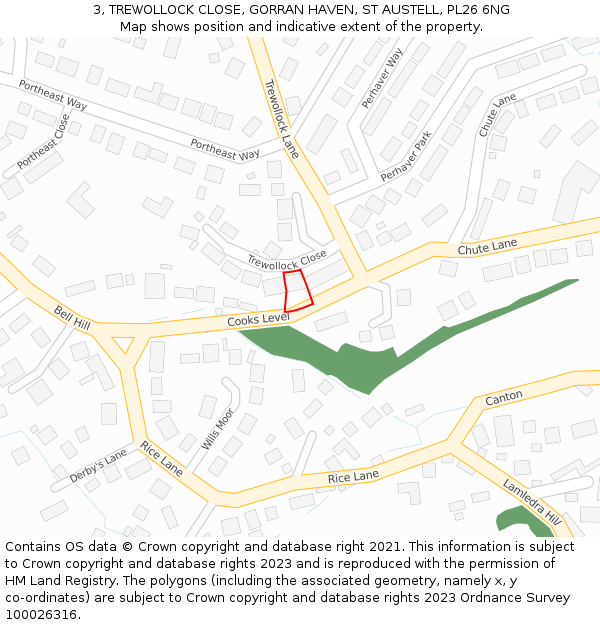 3, TREWOLLOCK CLOSE, GORRAN HAVEN, ST AUSTELL, PL26 6NG: Location map and indicative extent of plot