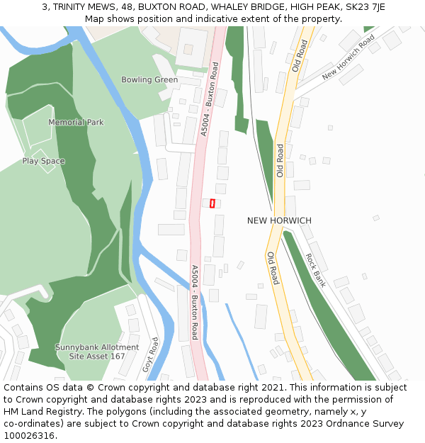 3, TRINITY MEWS, 48, BUXTON ROAD, WHALEY BRIDGE, HIGH PEAK, SK23 7JE: Location map and indicative extent of plot