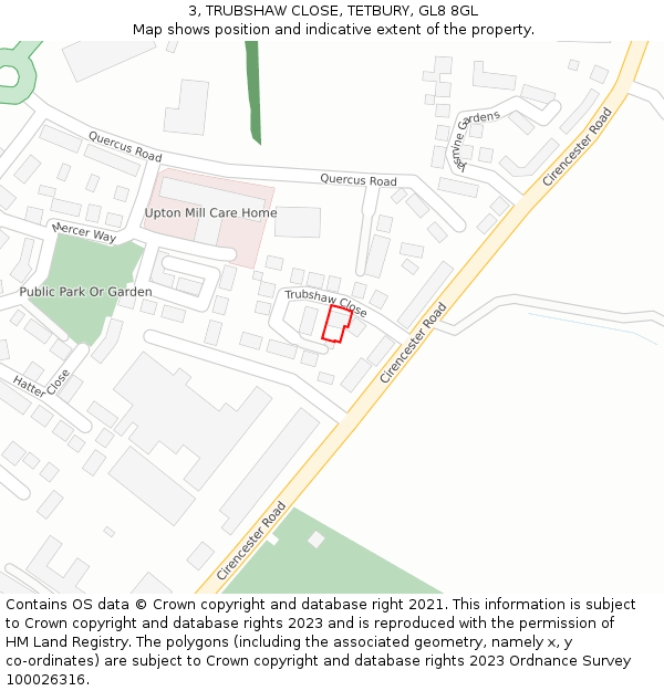 3, TRUBSHAW CLOSE, TETBURY, GL8 8GL: Location map and indicative extent of plot