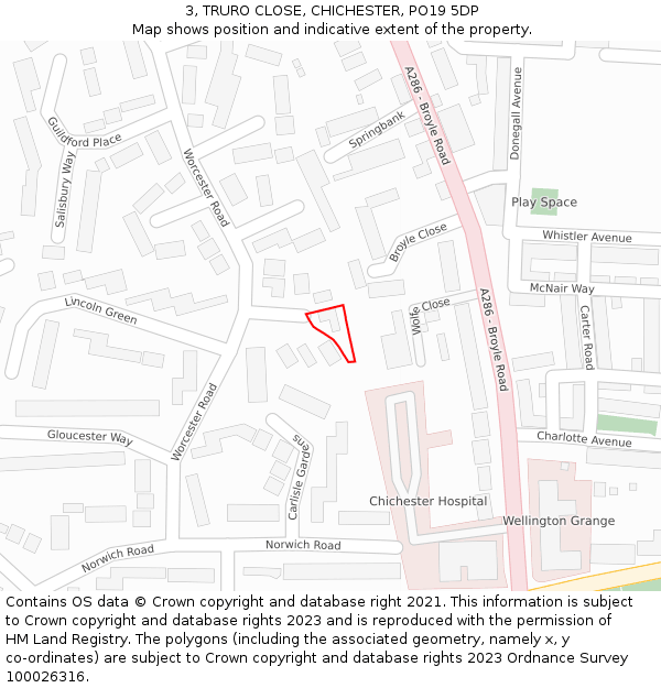 3, TRURO CLOSE, CHICHESTER, PO19 5DP: Location map and indicative extent of plot