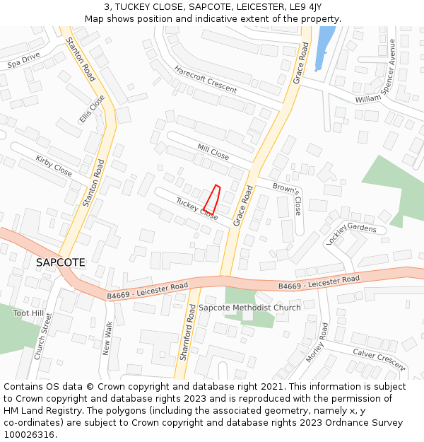 3, TUCKEY CLOSE, SAPCOTE, LEICESTER, LE9 4JY: Location map and indicative extent of plot