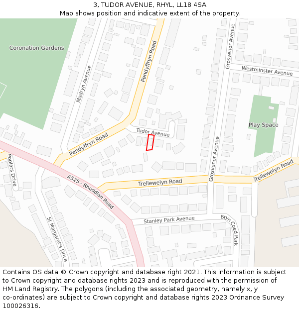 3, TUDOR AVENUE, RHYL, LL18 4SA: Location map and indicative extent of plot