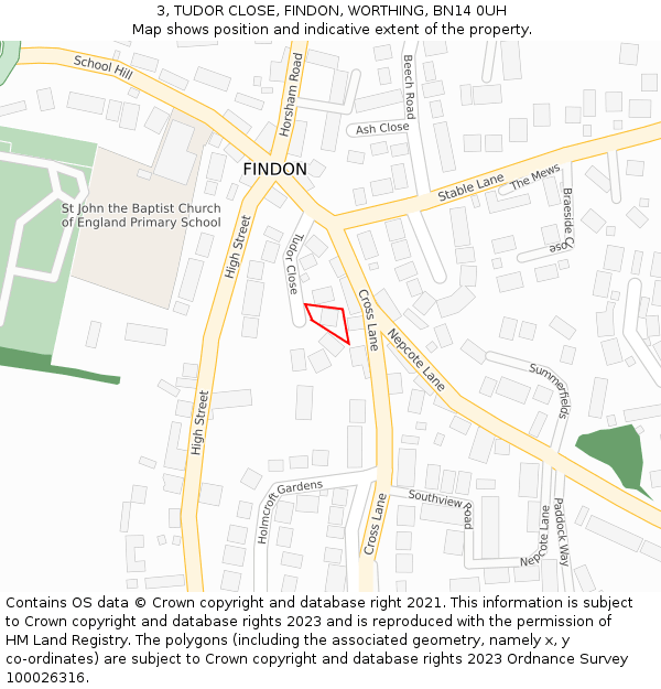 3, TUDOR CLOSE, FINDON, WORTHING, BN14 0UH: Location map and indicative extent of plot