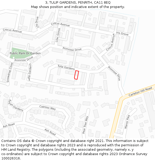 3, TULIP GARDENS, PENRITH, CA11 8EQ: Location map and indicative extent of plot