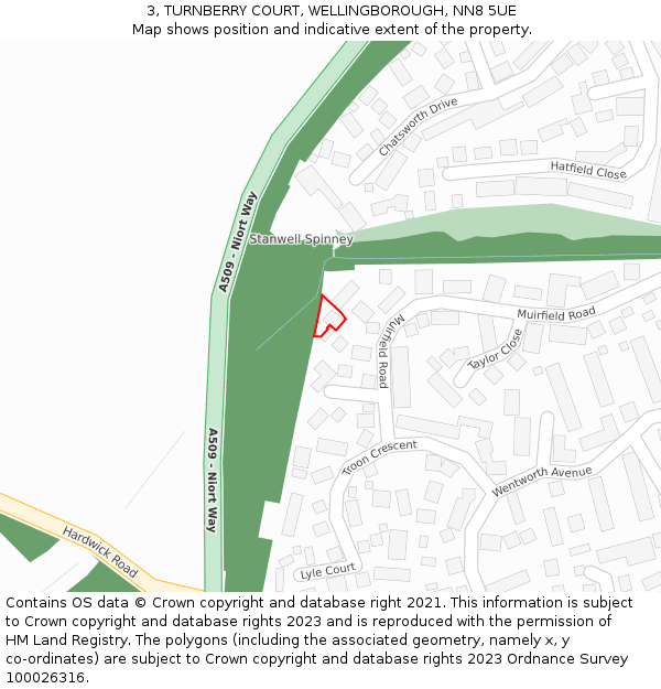 3, TURNBERRY COURT, WELLINGBOROUGH, NN8 5UE: Location map and indicative extent of plot