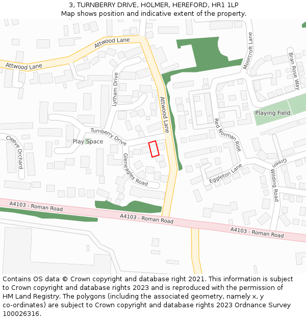 3, TURNBERRY DRIVE, HOLMER, HEREFORD, HR1 1LP: Location map and indicative extent of plot