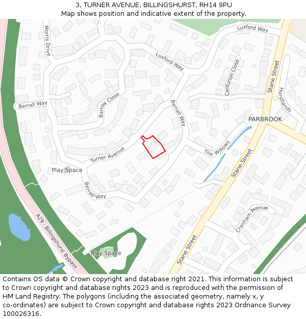 3, TURNER AVENUE, BILLINGSHURST, RH14 9PU: Location map and indicative extent of plot