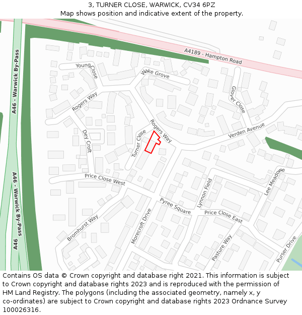 3, TURNER CLOSE, WARWICK, CV34 6PZ: Location map and indicative extent of plot