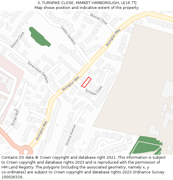 3, TURNPIKE CLOSE, MARKET HARBOROUGH, LE16 7TJ: Location map and indicative extent of plot