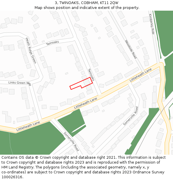 3, TWINOAKS, COBHAM, KT11 2QW: Location map and indicative extent of plot