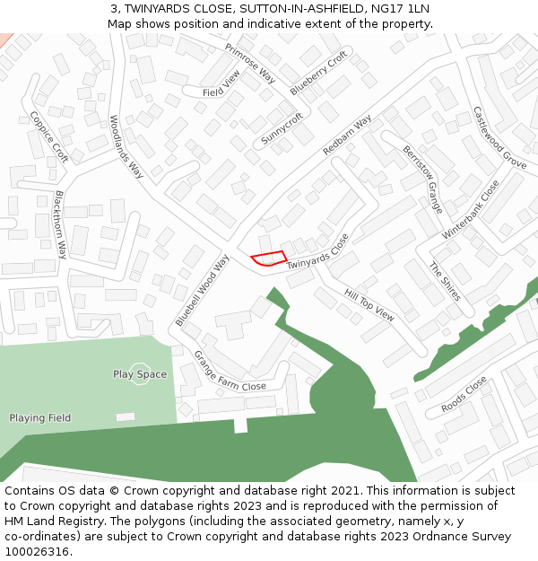 3, TWINYARDS CLOSE, SUTTON-IN-ASHFIELD, NG17 1LN: Location map and indicative extent of plot