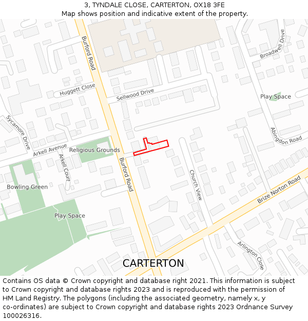 3, TYNDALE CLOSE, CARTERTON, OX18 3FE: Location map and indicative extent of plot