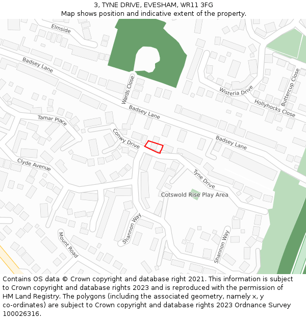 3, TYNE DRIVE, EVESHAM, WR11 3FG: Location map and indicative extent of plot