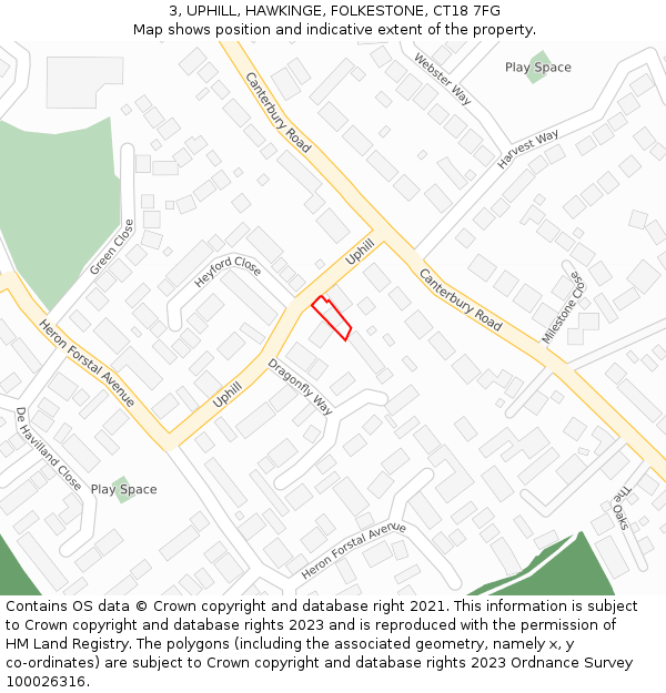 3, UPHILL, HAWKINGE, FOLKESTONE, CT18 7FG: Location map and indicative extent of plot