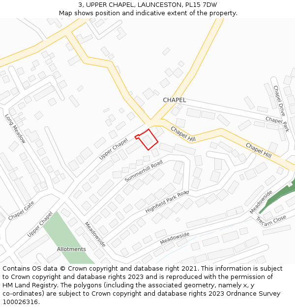 3, UPPER CHAPEL, LAUNCESTON, PL15 7DW: Location map and indicative extent of plot