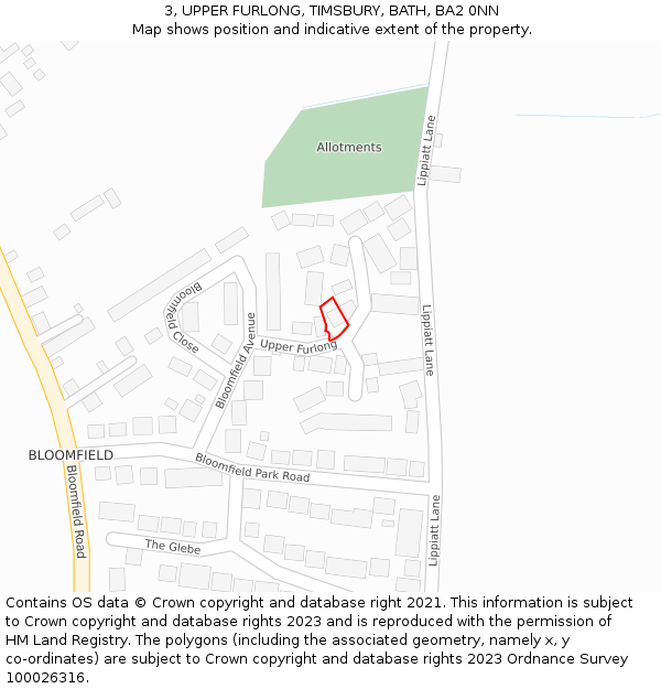 3, UPPER FURLONG, TIMSBURY, BATH, BA2 0NN: Location map and indicative extent of plot