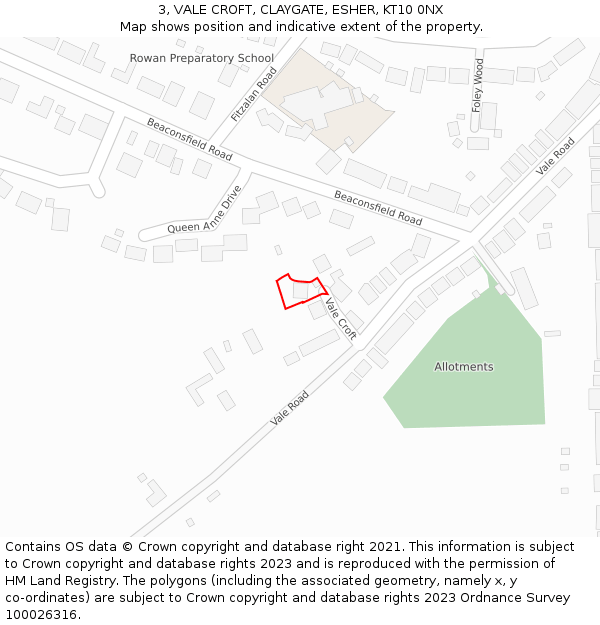 3, VALE CROFT, CLAYGATE, ESHER, KT10 0NX: Location map and indicative extent of plot