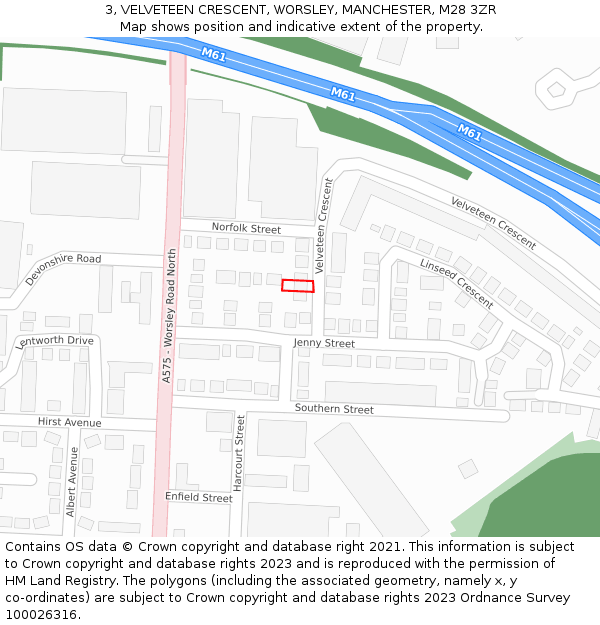 3, VELVETEEN CRESCENT, WORSLEY, MANCHESTER, M28 3ZR: Location map and indicative extent of plot