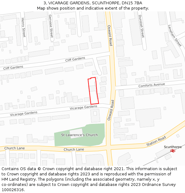 3, VICARAGE GARDENS, SCUNTHORPE, DN15 7BA: Location map and indicative extent of plot