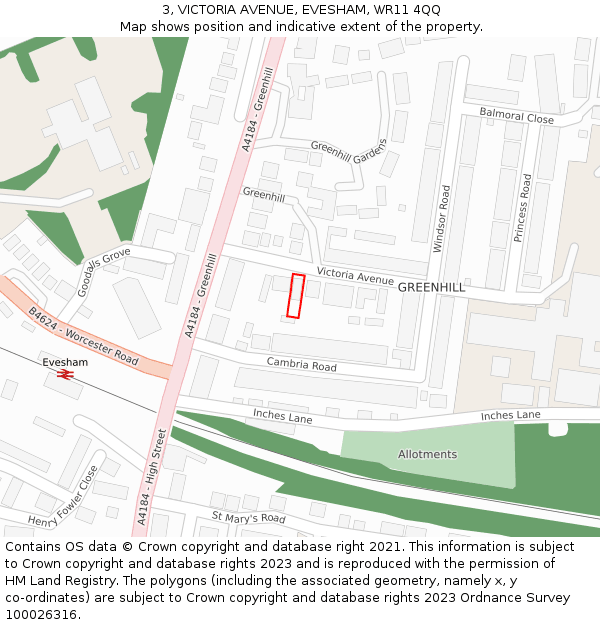 3, VICTORIA AVENUE, EVESHAM, WR11 4QQ: Location map and indicative extent of plot