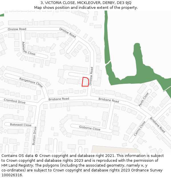3, VICTORIA CLOSE, MICKLEOVER, DERBY, DE3 9JQ: Location map and indicative extent of plot