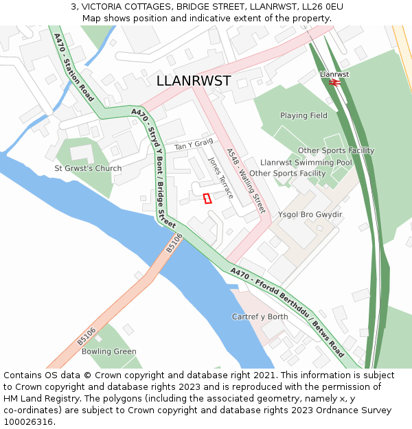 3, VICTORIA COTTAGES, BRIDGE STREET, LLANRWST, LL26 0EU: Location map and indicative extent of plot