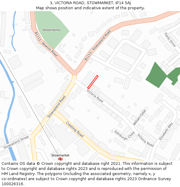3, VICTORIA ROAD, STOWMARKET, IP14 5AJ: Location map and indicative extent of plot