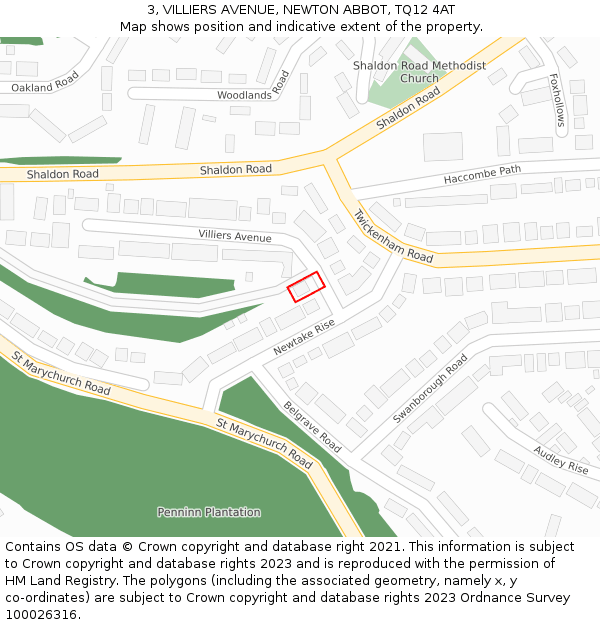 3, VILLIERS AVENUE, NEWTON ABBOT, TQ12 4AT: Location map and indicative extent of plot