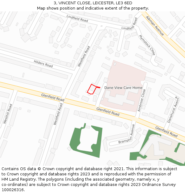 3, VINCENT CLOSE, LEICESTER, LE3 6ED: Location map and indicative extent of plot