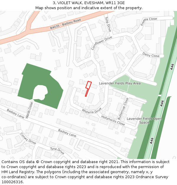 3, VIOLET WALK, EVESHAM, WR11 3GE: Location map and indicative extent of plot