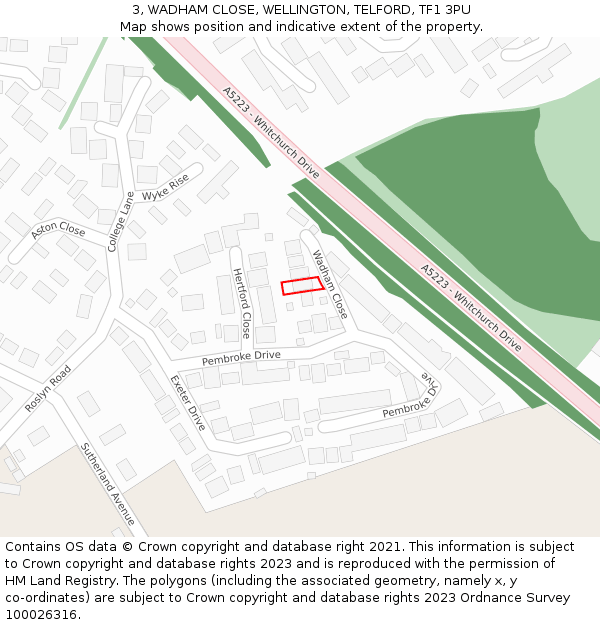 3, WADHAM CLOSE, WELLINGTON, TELFORD, TF1 3PU: Location map and indicative extent of plot