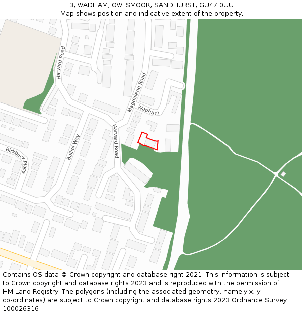 3, WADHAM, OWLSMOOR, SANDHURST, GU47 0UU: Location map and indicative extent of plot