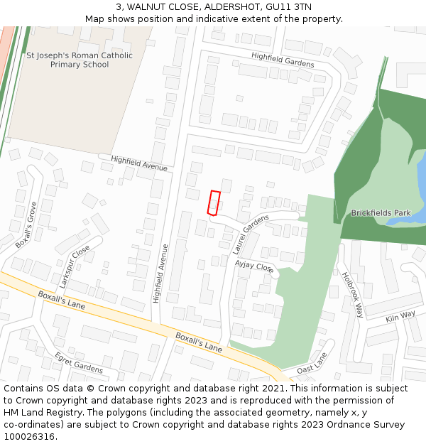 3, WALNUT CLOSE, ALDERSHOT, GU11 3TN: Location map and indicative extent of plot