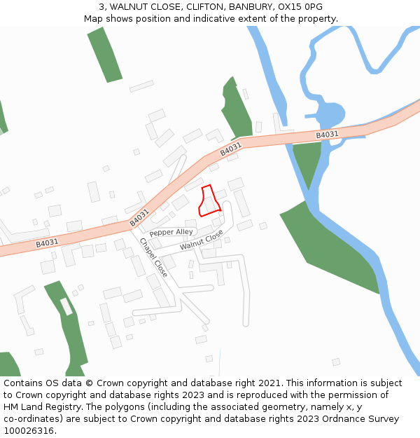 3, WALNUT CLOSE, CLIFTON, BANBURY, OX15 0PG: Location map and indicative extent of plot