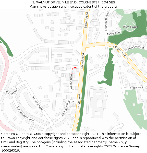 3, WALNUT DRIVE, MILE END, COLCHESTER, CO4 5ES: Location map and indicative extent of plot