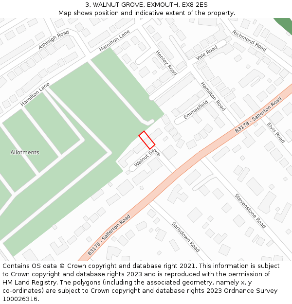 3, WALNUT GROVE, EXMOUTH, EX8 2ES: Location map and indicative extent of plot