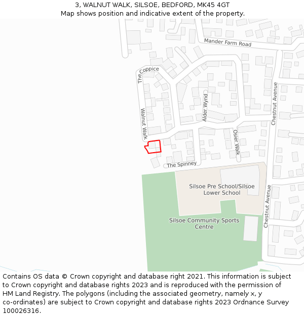 3, WALNUT WALK, SILSOE, BEDFORD, MK45 4GT: Location map and indicative extent of plot
