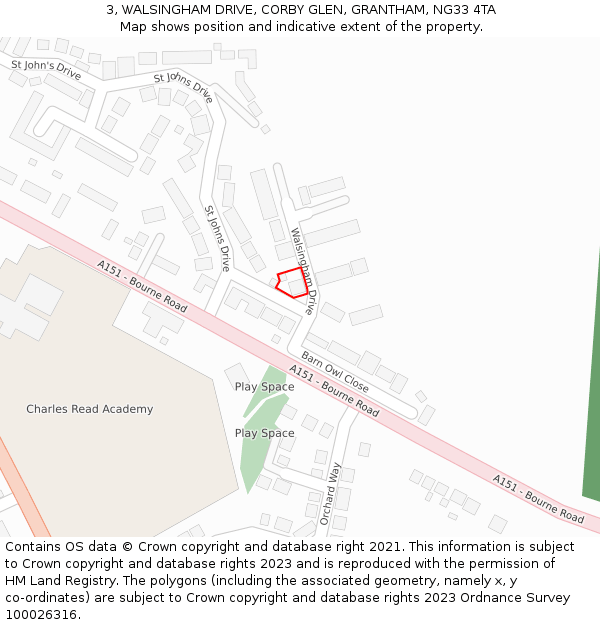 3, WALSINGHAM DRIVE, CORBY GLEN, GRANTHAM, NG33 4TA: Location map and indicative extent of plot