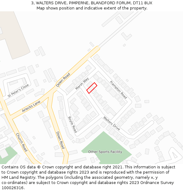3, WALTERS DRIVE, PIMPERNE, BLANDFORD FORUM, DT11 8UX: Location map and indicative extent of plot