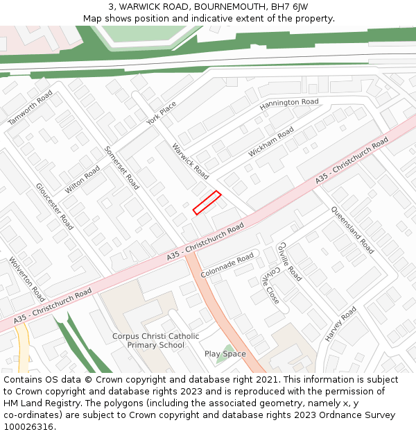 3, WARWICK ROAD, BOURNEMOUTH, BH7 6JW: Location map and indicative extent of plot