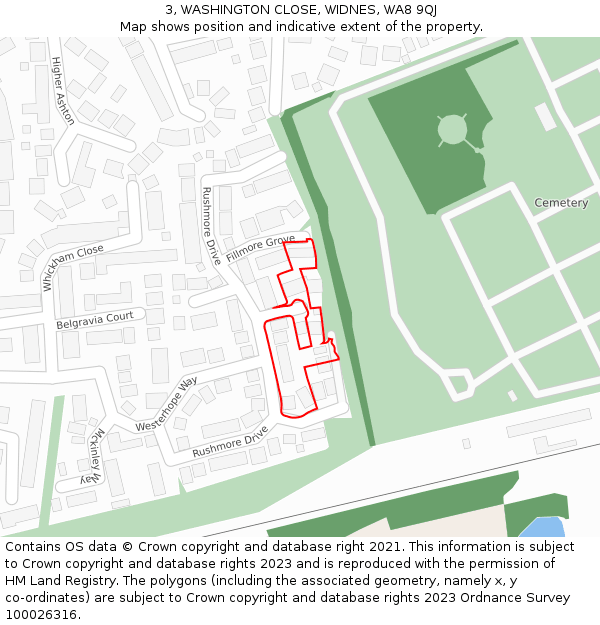 3, WASHINGTON CLOSE, WIDNES, WA8 9QJ: Location map and indicative extent of plot